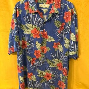Tommy Bahama Men's Blue Shirt with Red and Green Floral Design